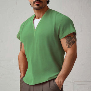 Herren Sommer Basic V-Ausschnitt Strukturiertes Kurzarm T-Shirt