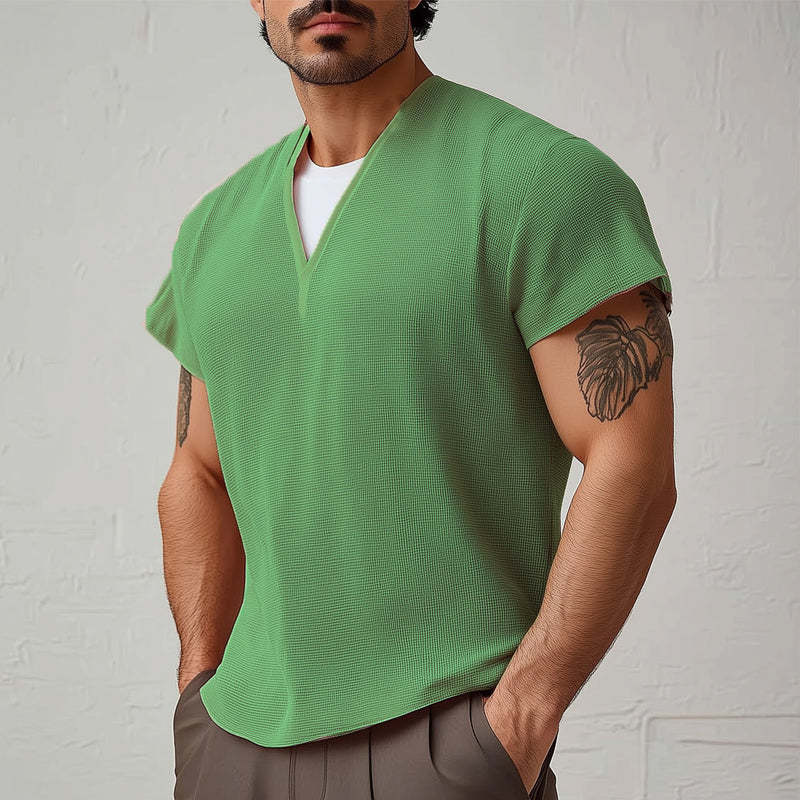 Men's Summer Basic V-neck Textured Short-sleeved T-shirt