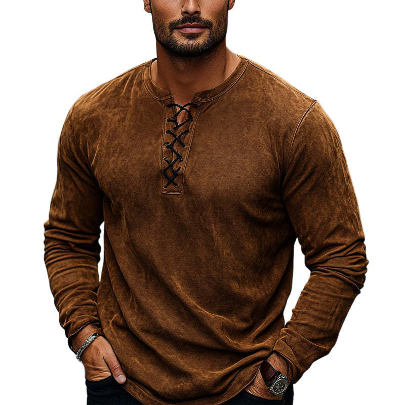 Herren Vintage Braunes Wildleder-Langarm-T-Shirt mit Schnürung