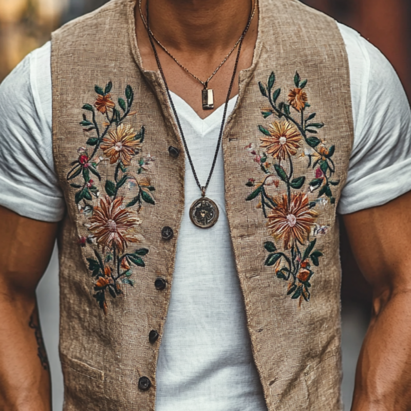 Herren Casual Leinen Blumenstickerei Einreihig Slim Fit Anzugweste