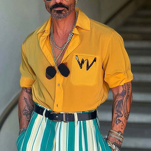 Men's Loose Letter Print Lapel Short Sleeve Shirt