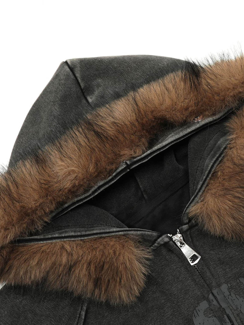 Washed Fur Collar Zip Up Hoodie