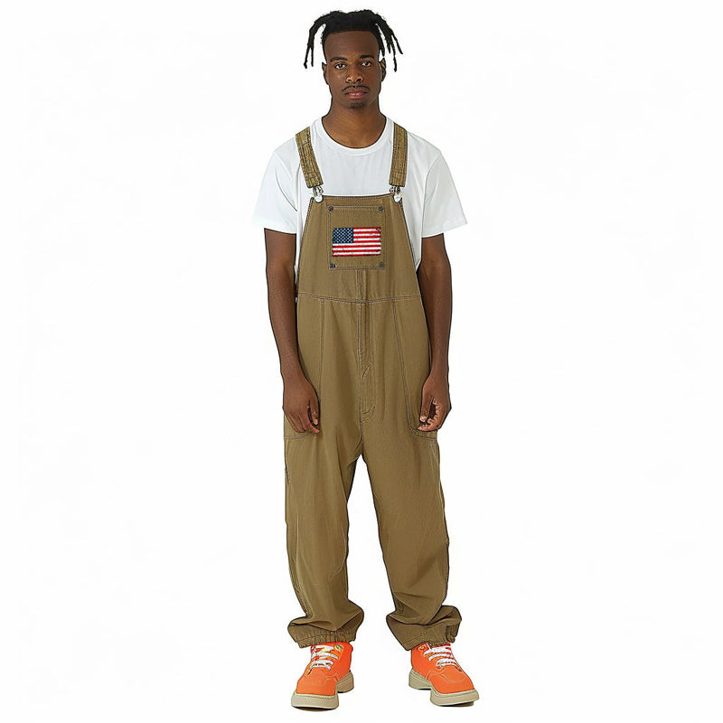 Men's American Flag Printed Casual Loose Straight Cargo Overalls