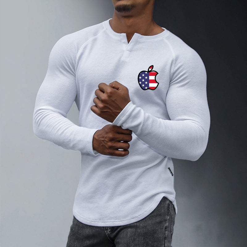 APPLE USA FLAG WAFFLE GRAPHIC HENLEY NECK LONG SLEEVE T-SHIRT