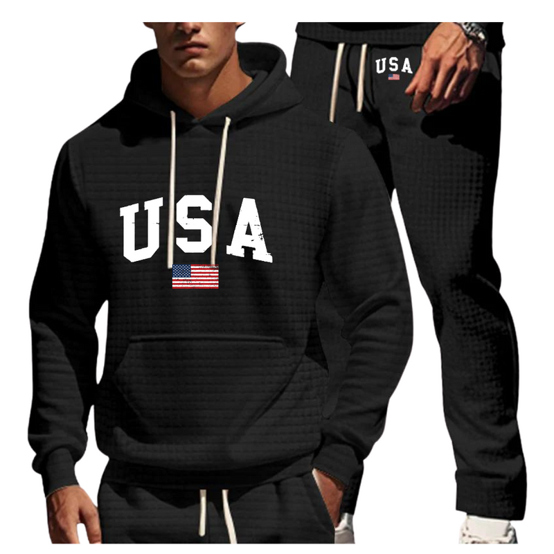 USA FLAG JACQUARD SMALL GRID LONG SLEEVED LONG PANTS HOODED SET