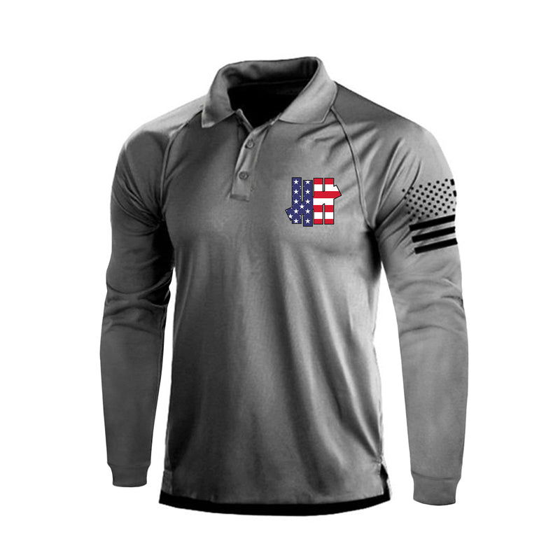 FENCE PATTERN PRINT USA FLAG 1/4 BUTTON RAGLAN LONG SLEEVE POLO SHIRT