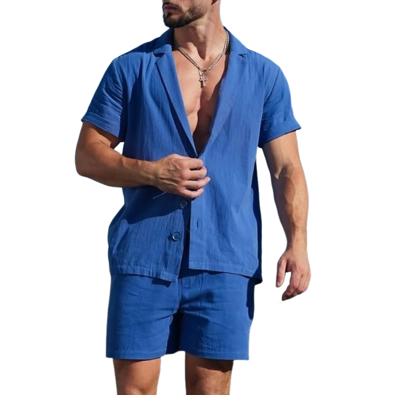 Herren Solides Revers Kurzarmhemd Shorts Casual Set