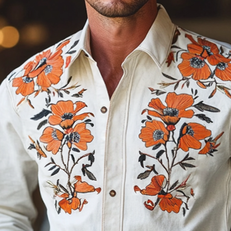Herren-Langarmhemd mit besticktem Revers im Vintage-Stil