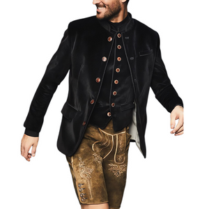 Men's Black Stand Collar Single Breasted Velvet Slim Jacket