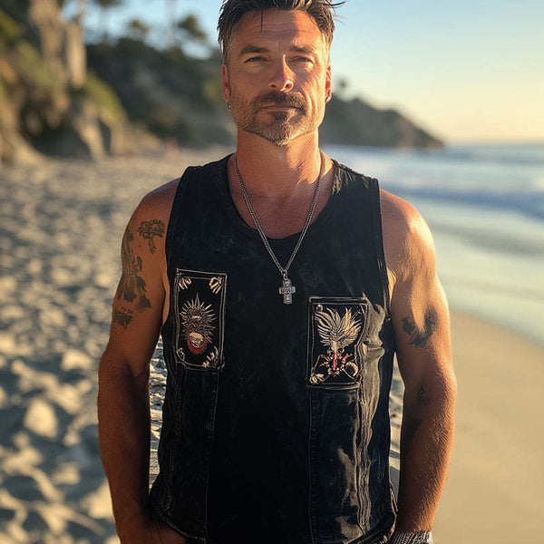 Herren Sommer-Tanktop im Retro-Stil, gewaschen, Used-Look, Denim, bestickt