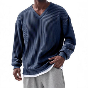Men's Casual V-neck Striped Loose Long Sleeve T-shirt