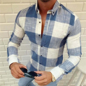 Men's Casual Cotton Plaid Lapel Slim Fit Long Sleeve Shirt