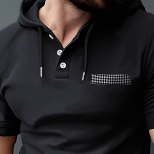 Men's Casual Cotton Patchwork Houndstooth Slim Fit Short Sleeve Hoodie