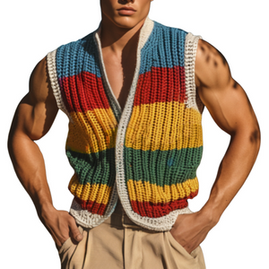 Men's Casual V-neck Colorful Striped Single-breasted Knitted Vacation Vest