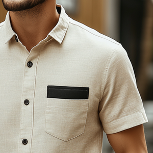 Herren Retro Casual Leinen Colorblock Einfaches Revers Tasche Kurzarmhemd
