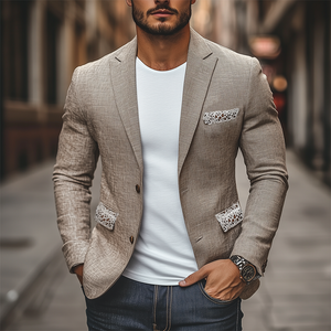 Men's Spring New Casual Lace Splicing Pocket Cotton And Linen Blazer