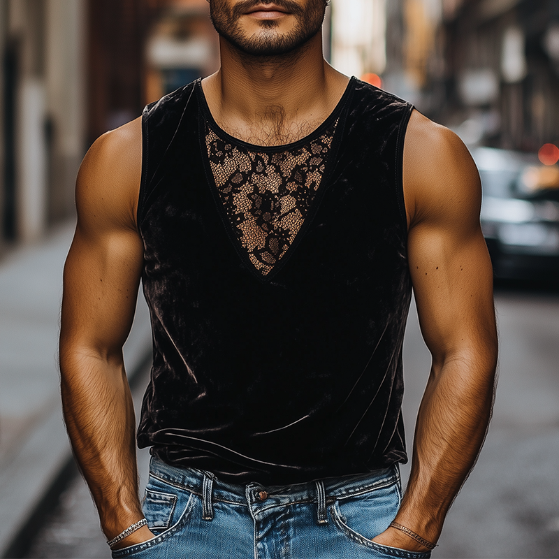 Herrenmode Lässiges Tanktop aus Samt mit Rundhalsausschnitt und Spitzennähten 