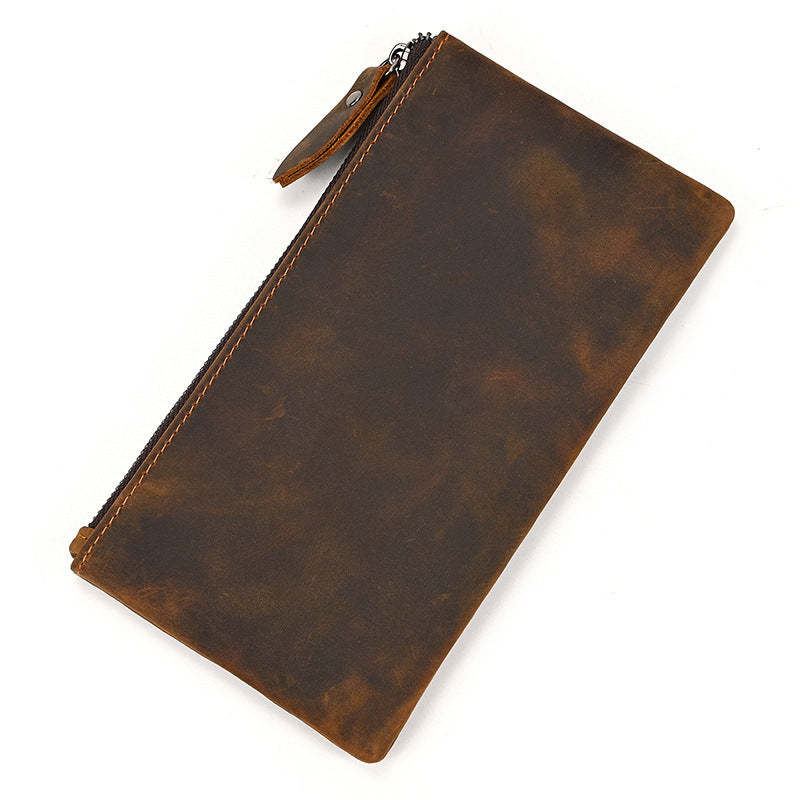 Herren Vintage Crazy Horse Leder Große Kapazität Reißverschluss Lange Brieftasche 