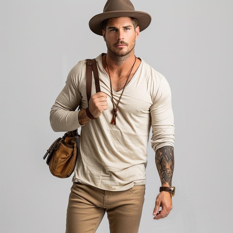 Lässiges Herren-T-Shirt aus Baumwolle mit V-Ausschnitt und schmaler Passform und langen Ärmeln