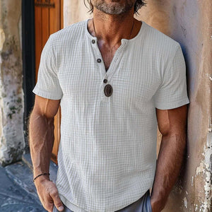 Lässiges Herren-T-Shirt mit Waffelmuster und Henley-Ausschnitt, schmale Passform, kurzärmelig
