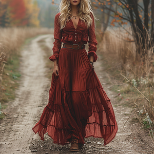 Retro-Leinenkleid mit V-Ausschnitt und Spitze für Damen, langärmeliger langer Rock, pastoraler Stil