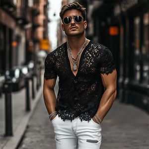 Men's Fashion Sexy Lace Deep V Neck Short Sleeve T-Shirt