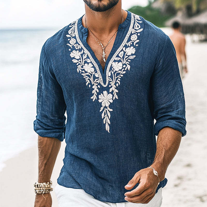 Lässiges Vintage-Langarmhemd aus Baumwolle und Leinen mit Henley-Kragen und Stickerei für Herren