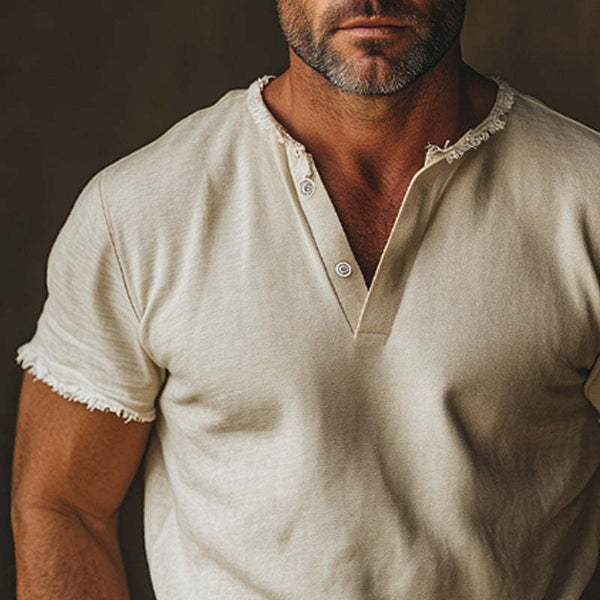 Men's Summer Comfortable Light Khaki V-Neck Raw Edge T-Shirt