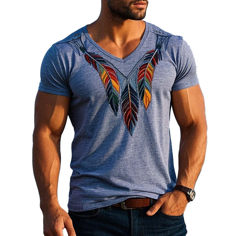 Herren-T-Shirt mit Vintage-Federstickerei, kurzärmelig