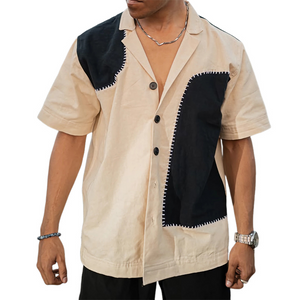 Men's Casual Loose Cotton Contrast Patchwork Short-sleeved Shirt