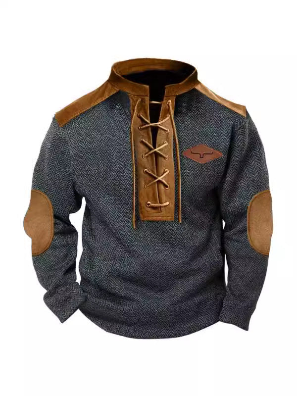 MEN'S RETRO HERRINGBONE FABRIC HENRY ELBOW PATCH COLOR BLOCKED WESTERN SWEATSHIRT