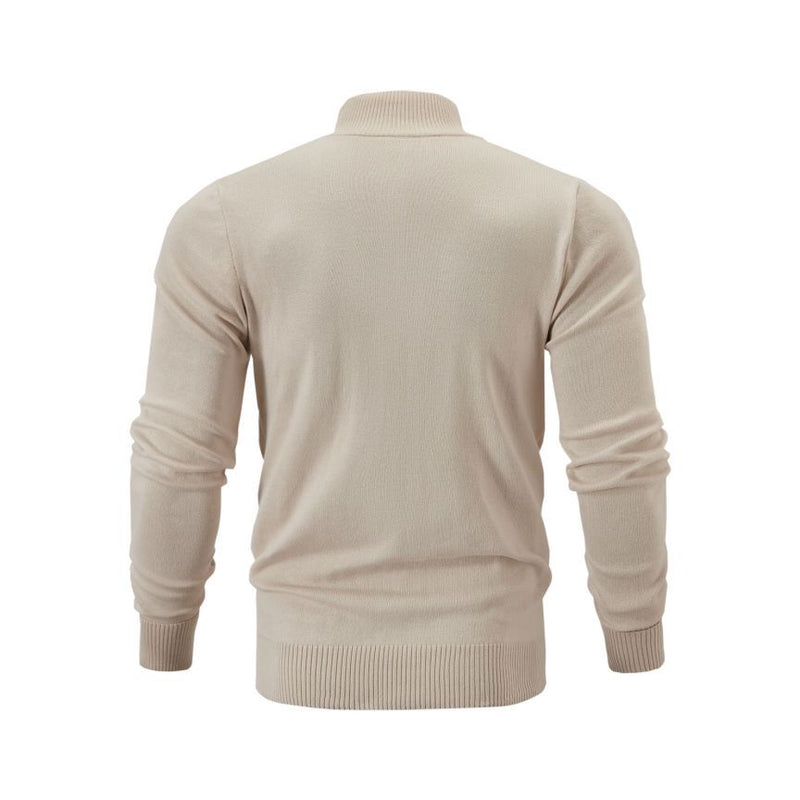 MEN'S STAND UP COLLAR CASUAL SPORTS SWEATER SOLID COLOR ZIPPER KNIT SWEATER