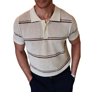 Men's Casual Lapel Striped Jacquard Loose Knitted Short Sleeve Sweater T-Shirt