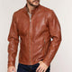 Men's Vintage Orange Snap Collar Zipper Leather Jacket