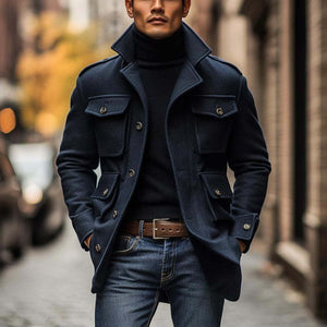 Herren Vintage Wollmischung Revers 3D Tasche Einreihig Slim Fit Mantel