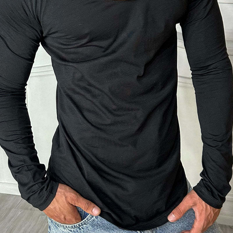 Men's Casual Cotton Blended Solid Color Round Neck Long Sleeve T-Shirt