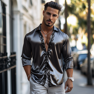 Men's Fashion Casual Lace And Satin Stitching Long Sleeve Shirt