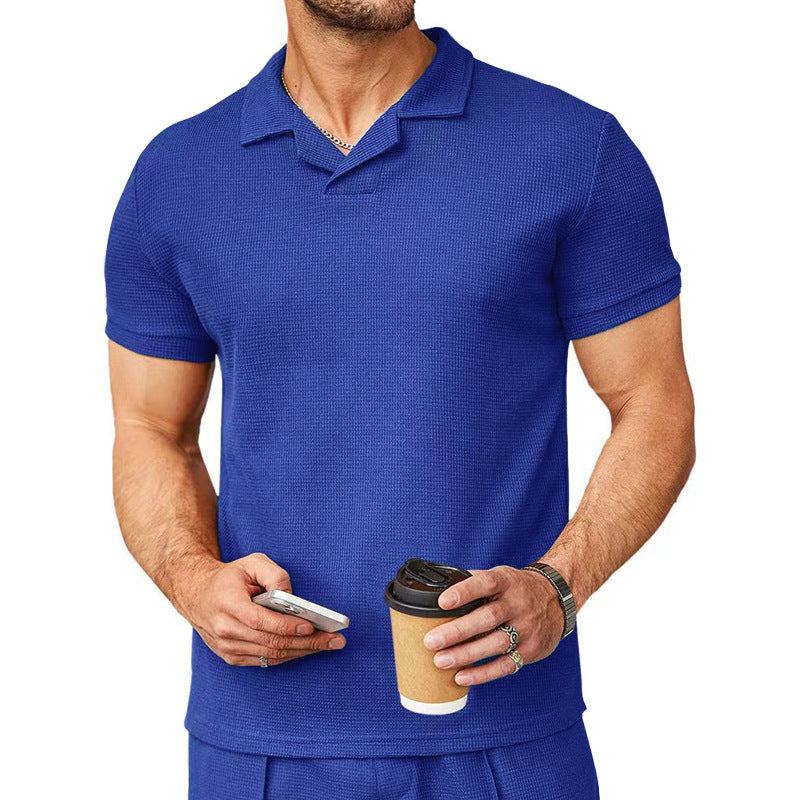 WAFFLE V-NECK POLO SHIRT WITH FLIP COLLAR, COOL AND CASUAL FASHION T-SHIRT