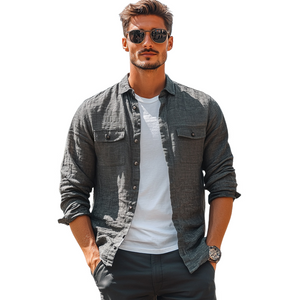 Men's Casual Skin-friendly Dark Gray Cotton And Linen Long-sleeved Shirt