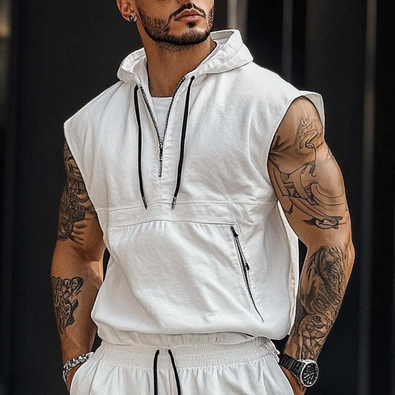 Men's Solid Color Pullover Sleeveless Athletic Hoodie