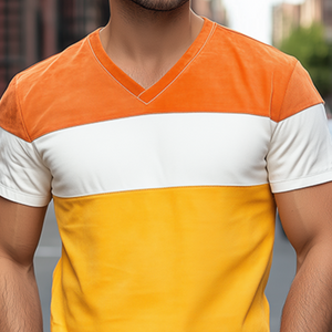 Men's Spring And Summer Personality Casual V-neck Bright Suede Splicing Short-sleeved T-shirt