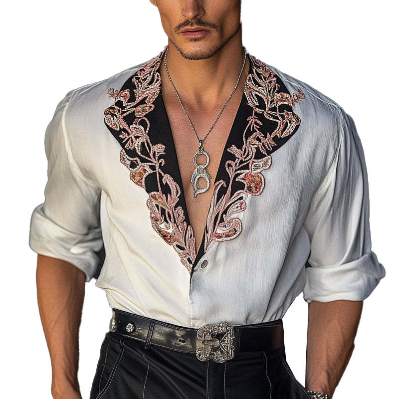 Herren-Langarmhemd mit Vintage-Stickerei und Kontrast 