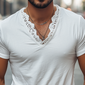 Men's Spring And Summer Fashionable V-neck Lace Stitching Cotton Short-sleeved T-shirt
