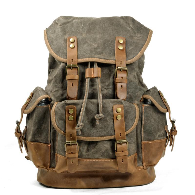 Men's Vintage Outdoor Canvas Stitching Leather Multi-Pocket Backpack
