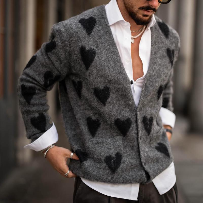 Modische einreihige Strickjacke mit Herzgrafik und V-Ausschnitt für Herren