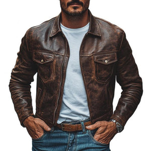 Men's Vintage Leather Distressed Lapel Zipper Slim Fit Jacket