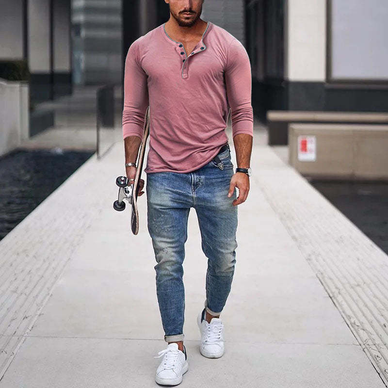 Men's Casual Cotton Blend Henley Neck Slim Fit Long Sleeve T-Shirt