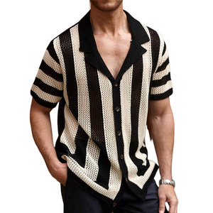 Men's Striped Knit Lapel Short Sleeve Shirt