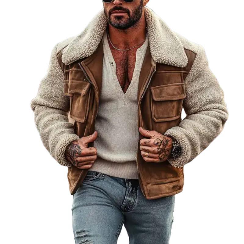 Men's Vintage Suede Stitching Lambswool Lapel Jacket Coat