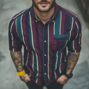 Herren Retro Casual Striped Print Revers Langarmhemd